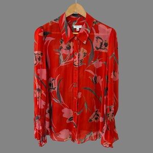Milly Red Floral Button Up Collared Sheer Blouse L ($348) AS IS